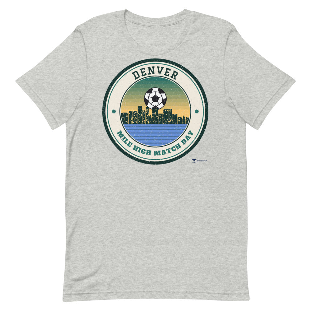 Denver Mile High Match Day Unisex Tee in athletic heather, design printed on the front, front view