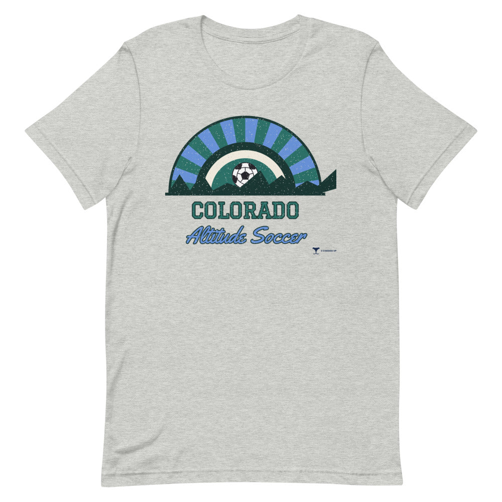 Colorado Altitude Soccer Unisex Tee in athletic heather, design printed on the front, front view