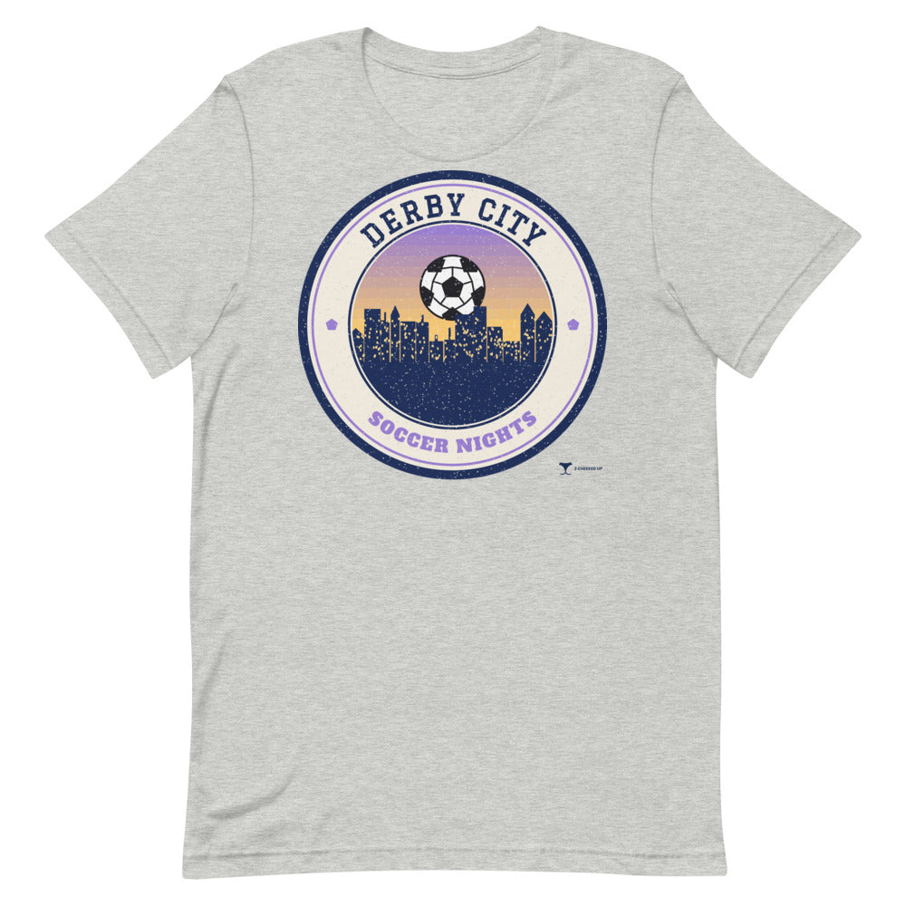 Derby City Soccer Nights Unisex Tee in athletic heather, design printed on the front, front view