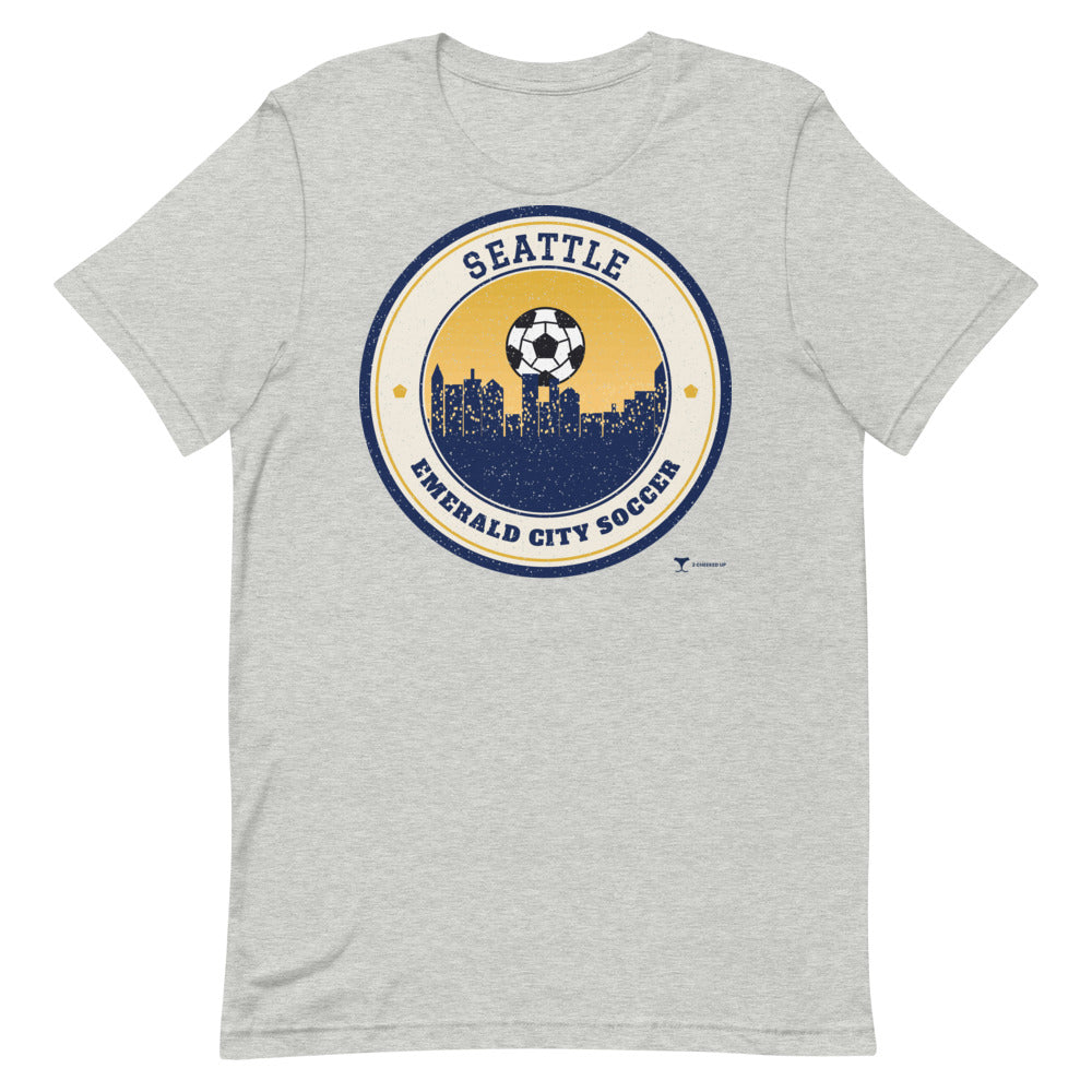 Seattle Emerald City Soccer Unisex Tee in athletic heather, design printed on the front, front view