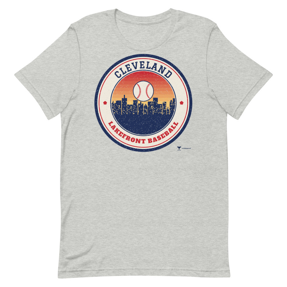 Cleveland Lakefront Baseball Unisex Tee in athletic heather, design printed on the front, front view