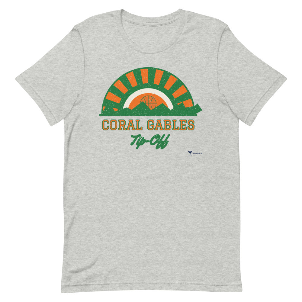 Coral Gables Tip-Off Unisex Tee in athletic heather, design printed on the front, front view