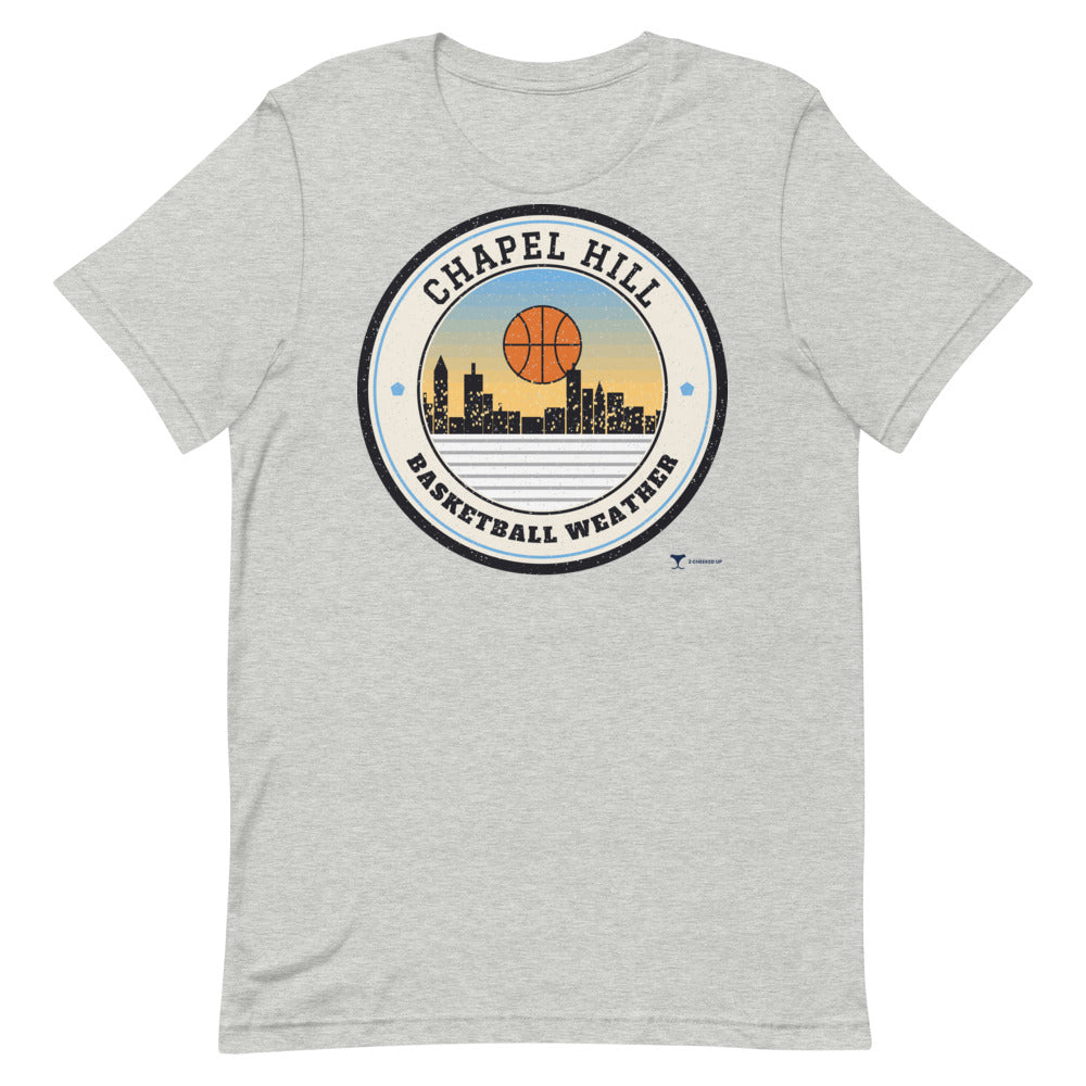 Chapel Hill Basketball Weather Unisex Tee in athletic heather, design printed on the front, front view