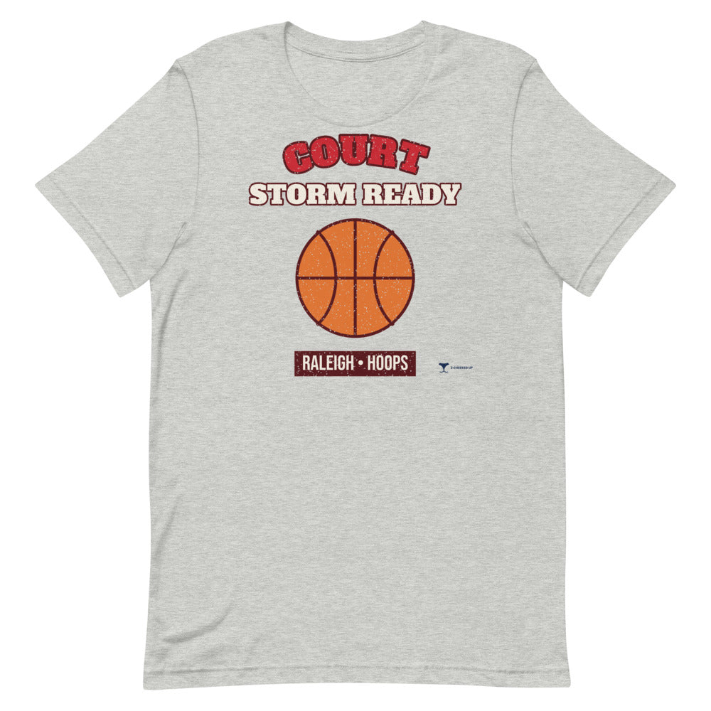 Raleigh Court Storm Ready Unisex Tee in athletic heather, design printed on the front, front view