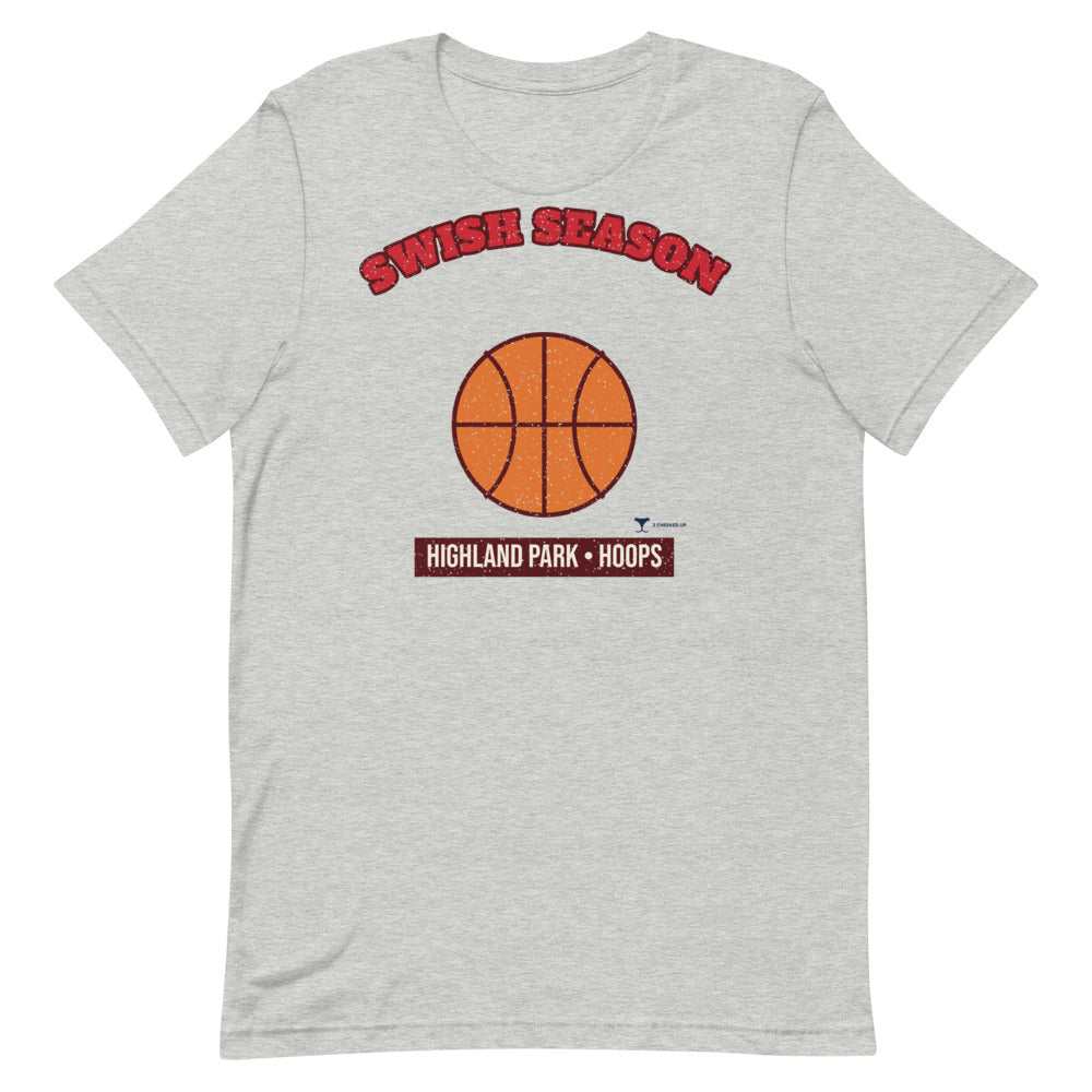 Highland Park Swish Season Unisex Tee in athletic heather, design printed on the front, front view