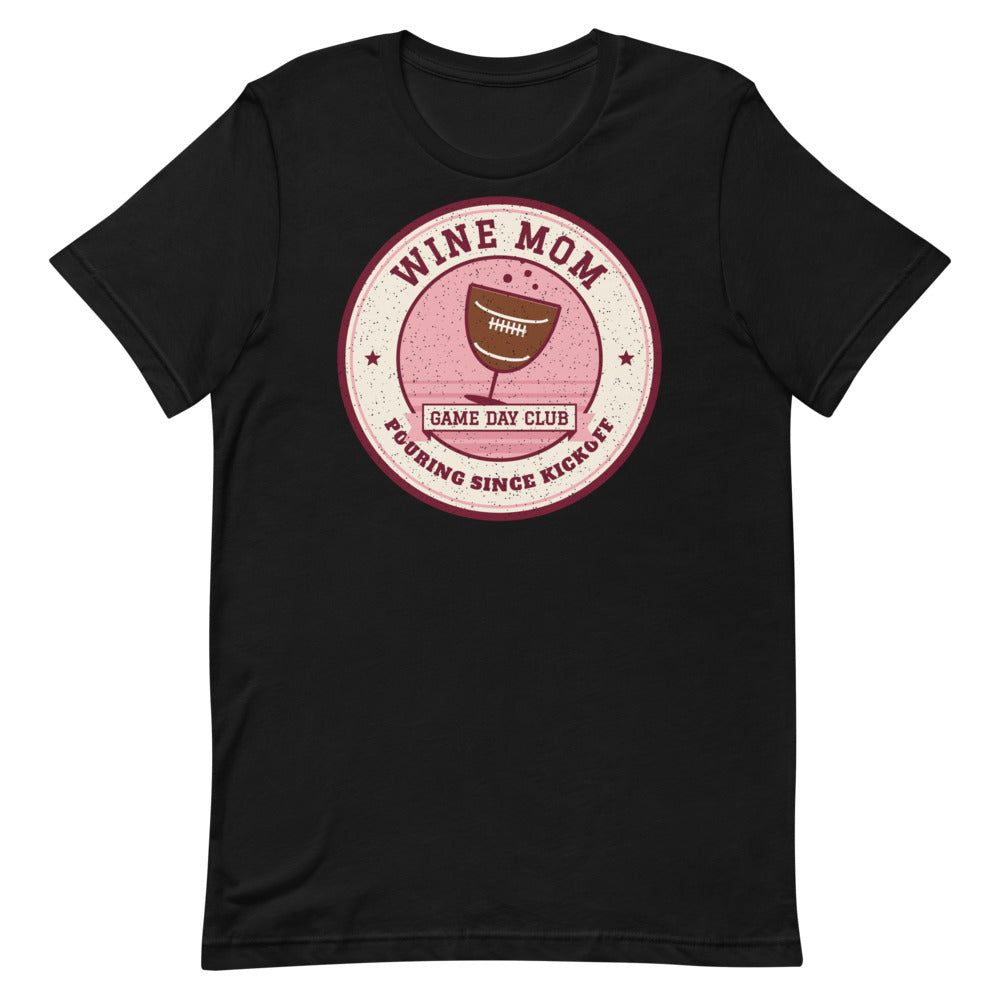 Wine Mom Game Day Club Unisex Tee in black, front view