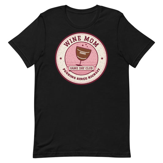 Wine Mom Game Day Club Unisex Tee in black, front view