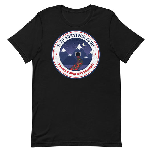 I-70 Survivor Club Unisex Tee in black, front view