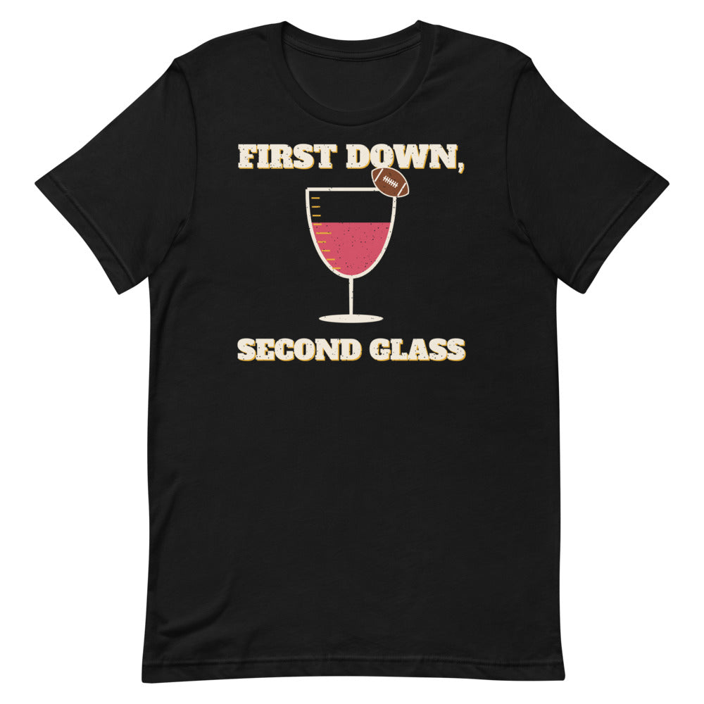 First Down, Second Glass Unisex Tee in black, front view