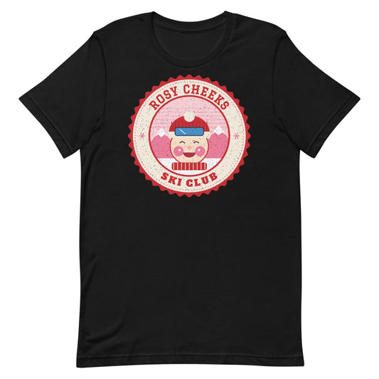 Rosy Cheeks Ski Club Unisex Tee in black, front view