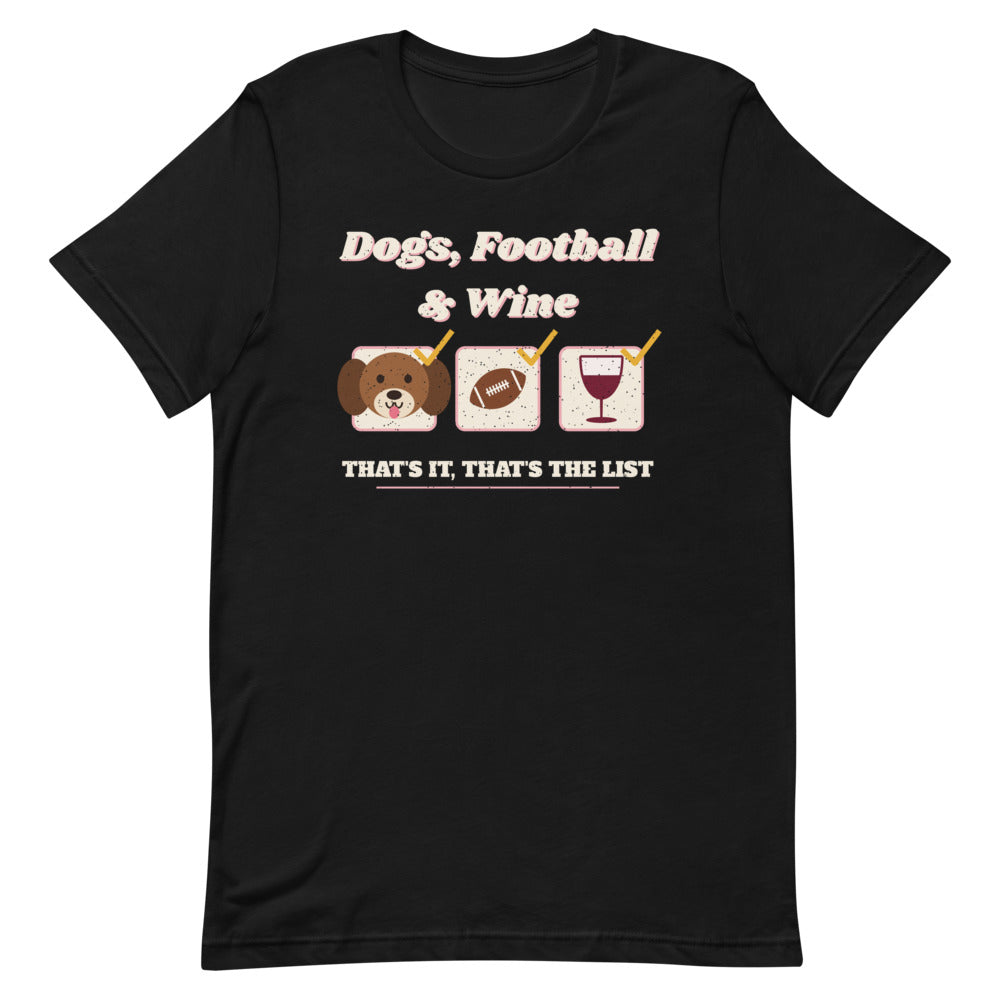 Dog Mom Football & Wine List Unisex Tee in black, front view