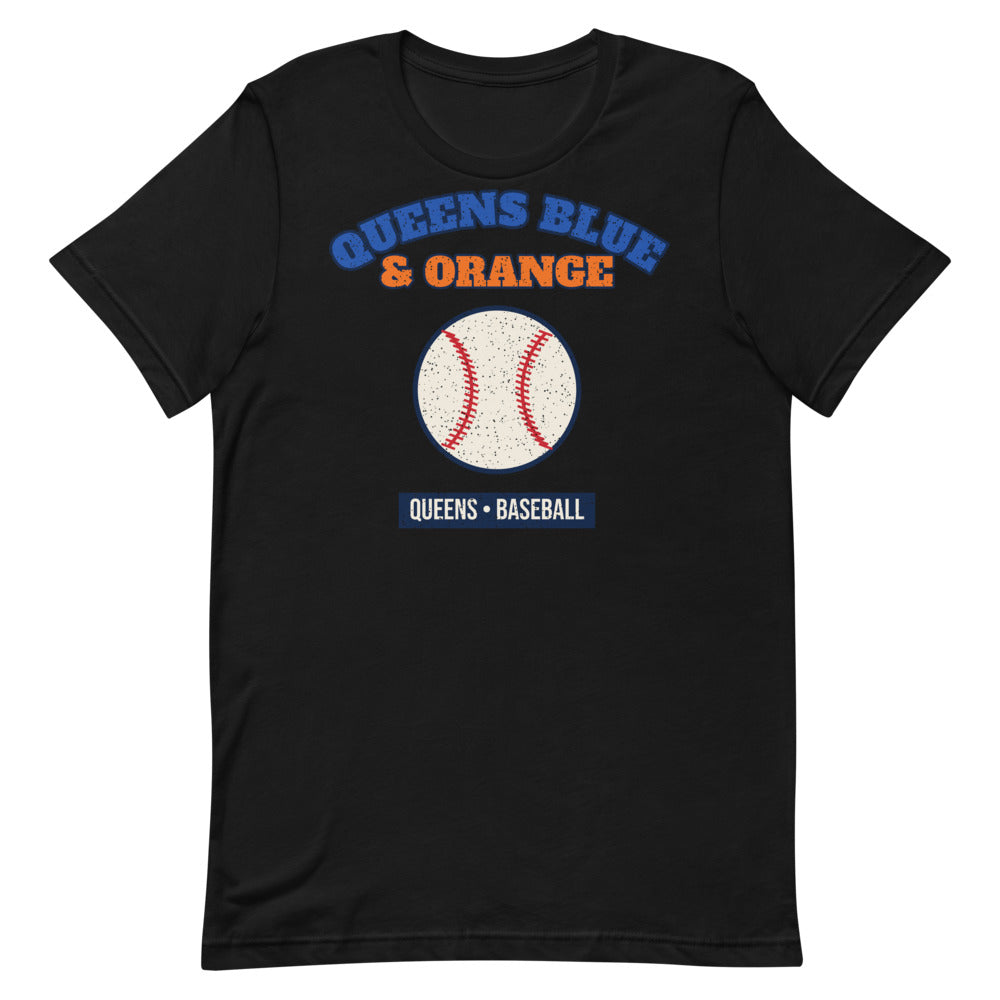 Queens Blue & Orange Baseball Tee in black, front