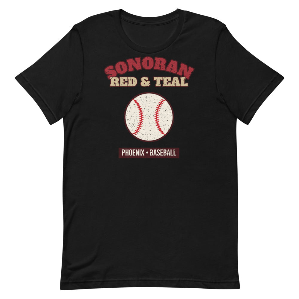 Sonoran Red & Teal Baseball Tee in black, front