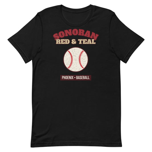 Sonoran Red & Teal Baseball Tee in black, front