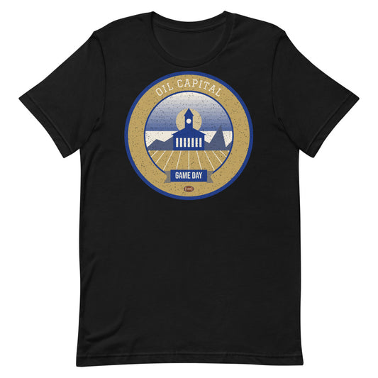 Art Deco Gold & Blue Game Day Tee in black, front