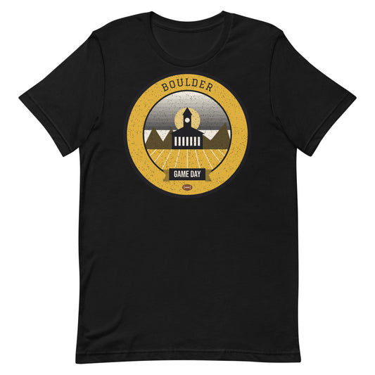 Black & Gold Flatirons Game Day Tee in black, front