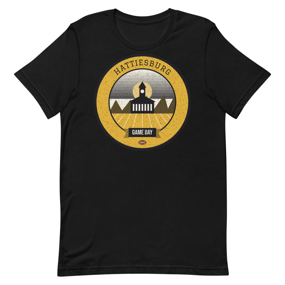Black & Gold Longleaf Game Day Tee in black, front