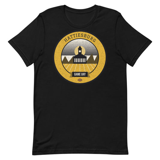 Black & Gold Longleaf Game Day Tee in black, front