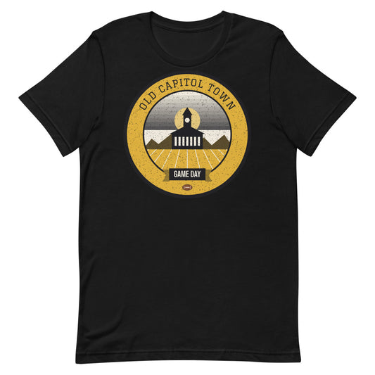Black & Gold Old Capitol Game Day Tee in black, front