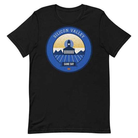 Blue & Gold Silicon Valley Game Day Tee in black, front