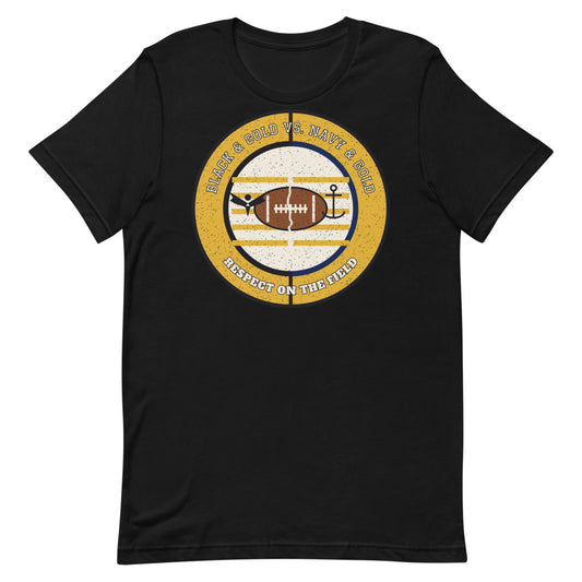 Black and Gold vs Navy and Gold Respect on the Field Football Tee in black, front