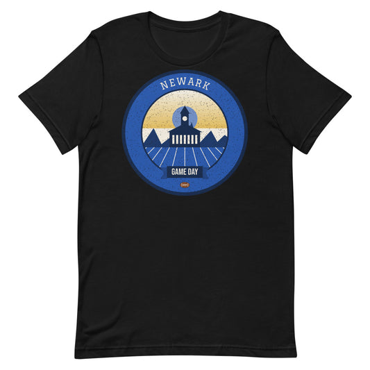 Blue & Gold Colonial Brick Game Day Tee in black, front