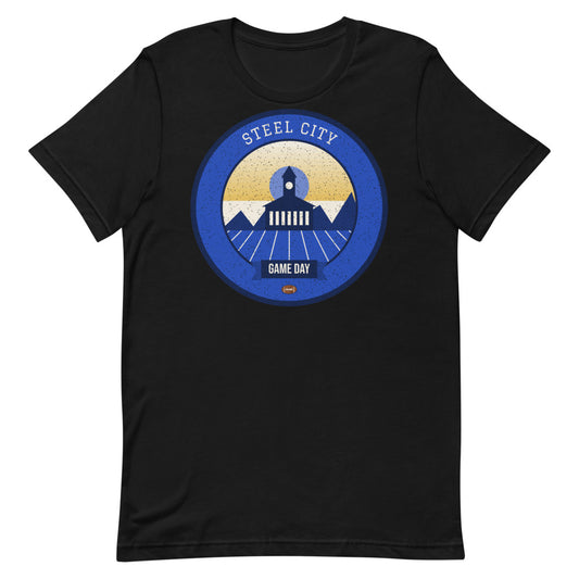 Blue & Gold Steel City Game Day Tee in black, front