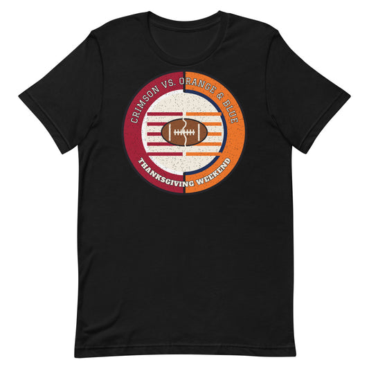 Crimson vs Orange and Blue Thanksgiving Weekend Football Tee in black, front