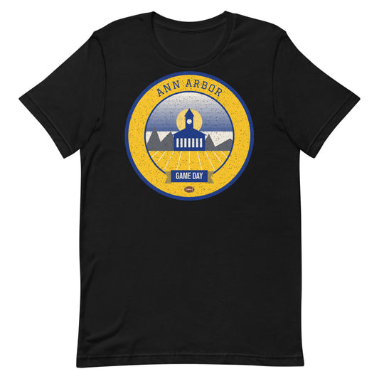 Golden Yellow & Deep Blue Game Day Tee in black, front