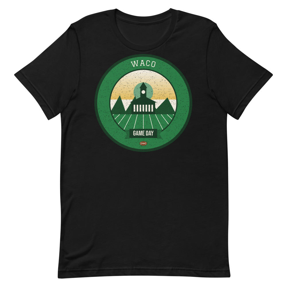 Green & Gold Brazos Bridge Game Day Tee in black, front