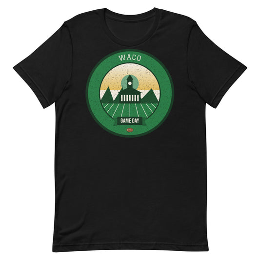 Green & Gold Brazos Bridge Game Day Tee in black, front