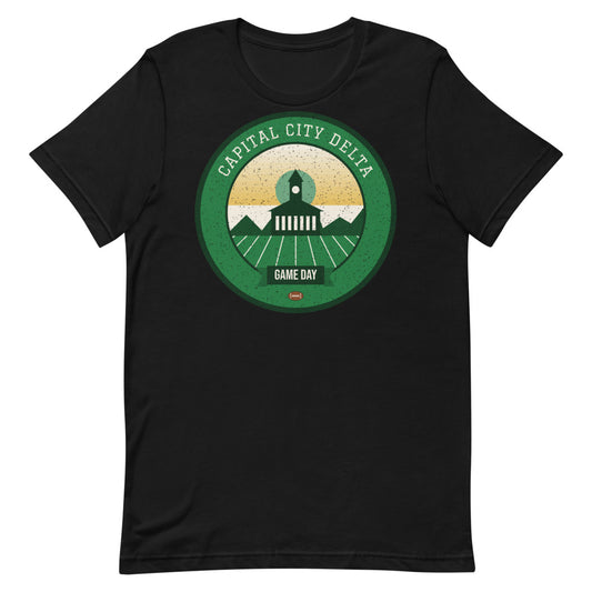 Green & Gold River Delta Game Day Tee in black, front