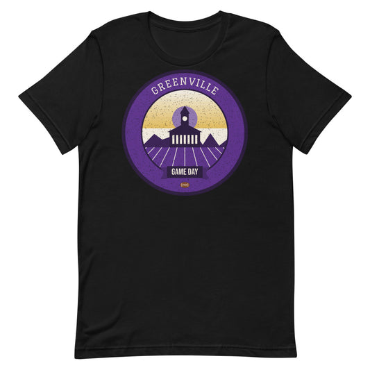 Purple & Gold Tobacco Barn Game Day Tee in black, front