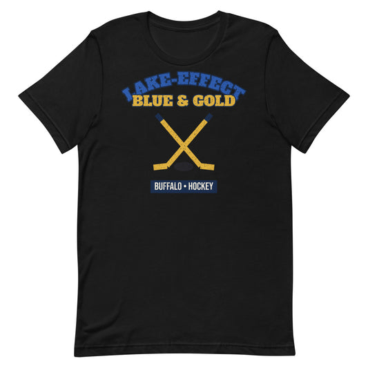 Lake-Effect Blue & Gold Hockey Tee in black, front