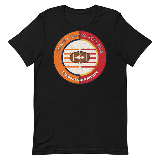 Orange and Navy vs Red and Gold I-70 Bragging Rights Football Tee in black, front