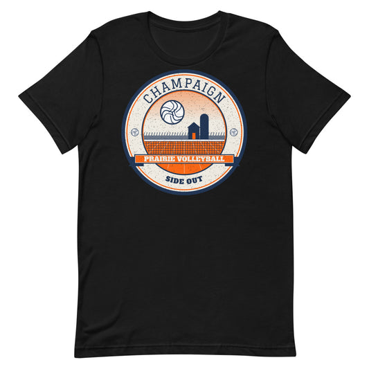 Champaign Prairie Volleyball Tee in black, front