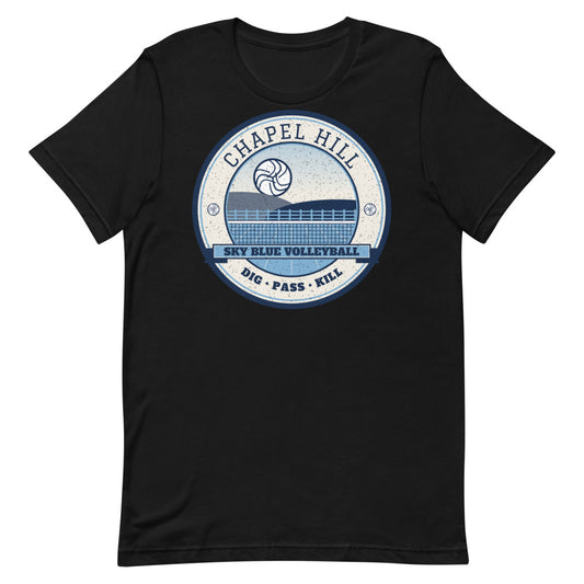Chapel Hill Sky Blue Volleyball Tee in black, front