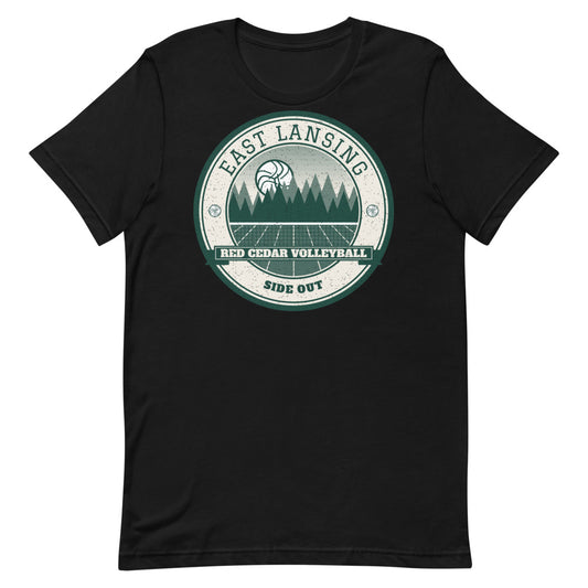 East Lansing Red Cedar Volleyball Tee in black, front
