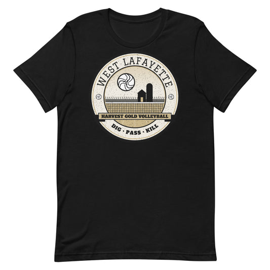 West Lafayette Harvest Gold Volleyball Tee in black, front