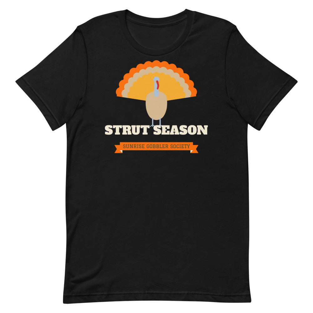 Strut Season Gobbler Society Unisex Tee in black, design printed on the front, front view