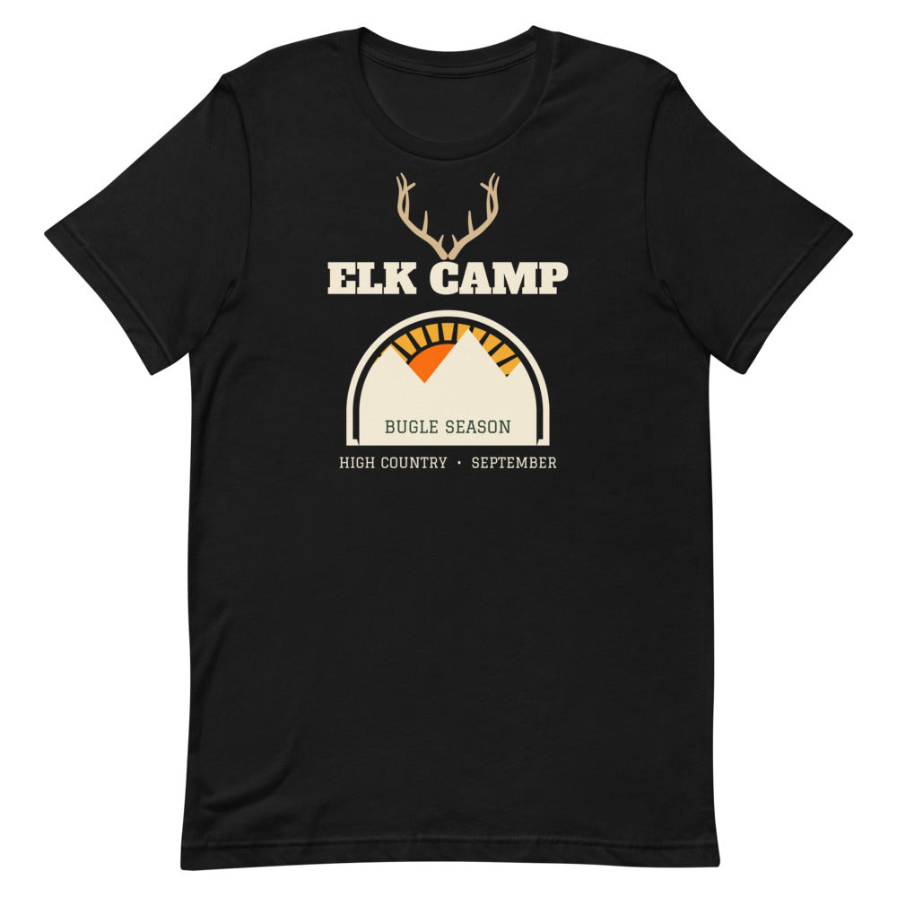 Elk Camp Bugle Season Unisex Tee in black, design printed on the front, front view