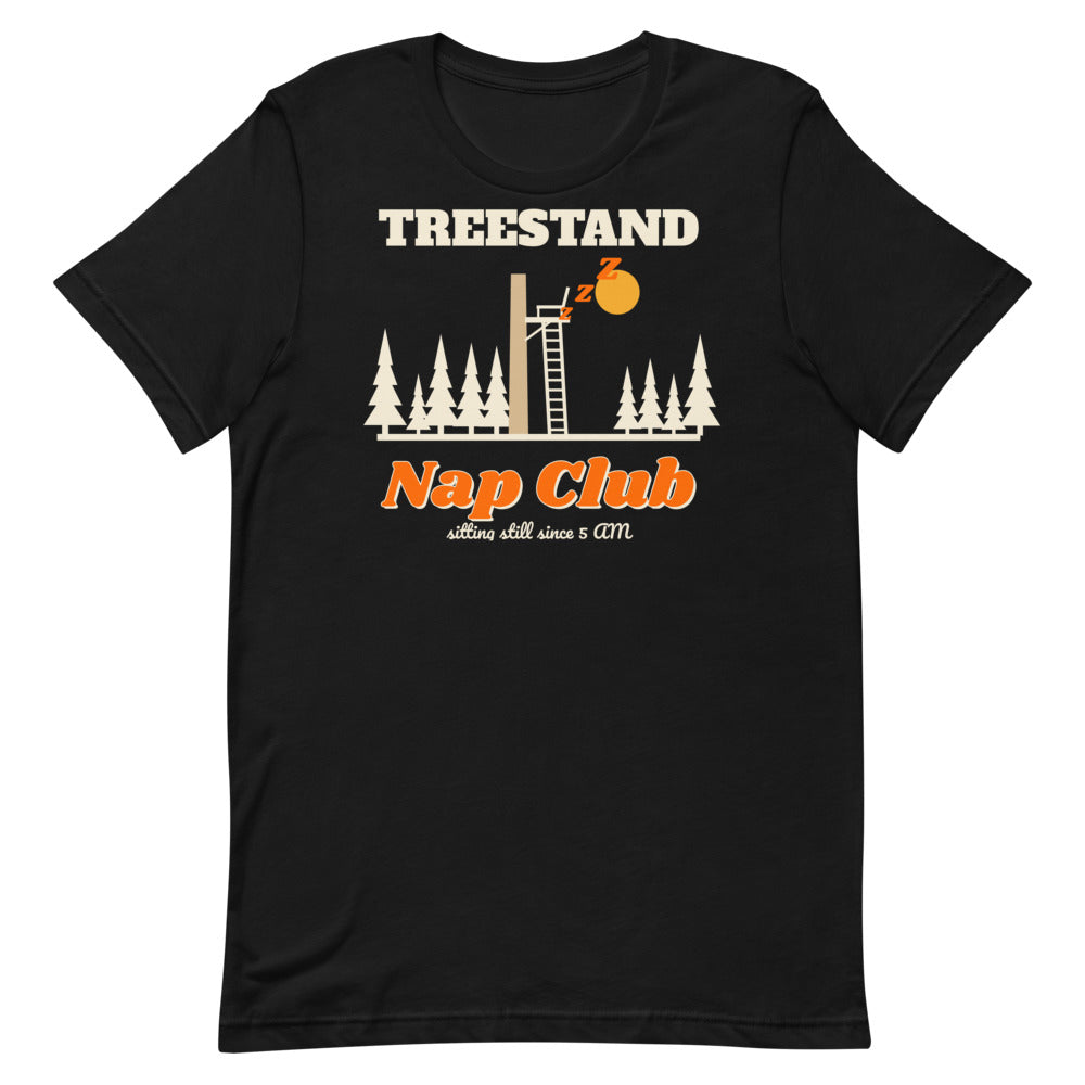 Treestand Nap Club Unisex Tee in black, design printed on the front, front view