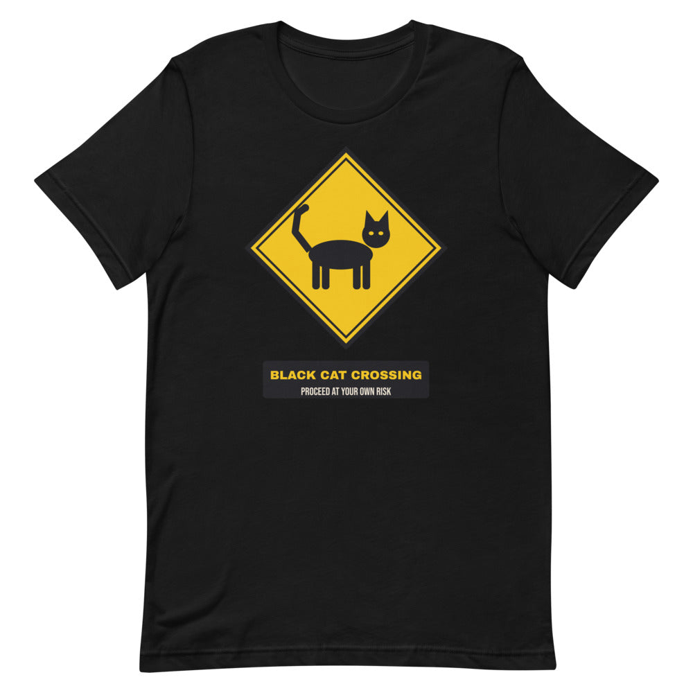 Black Cat Crossing Unisex Tee in black, design printed on the front, front view