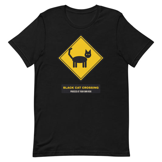 Black Cat Crossing Unisex Tee in black, design printed on the front, front view