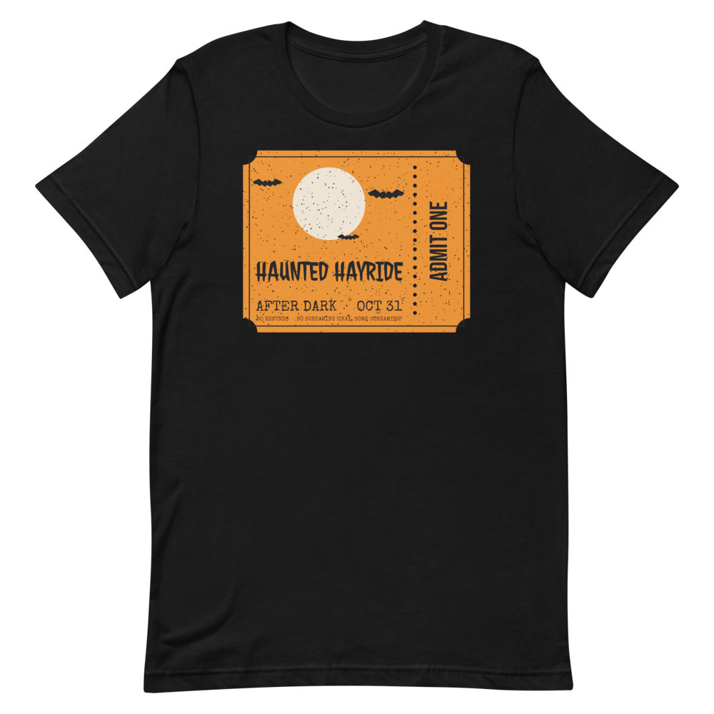 Haunted Hayride Unisex Tee in black, design printed on the front, front view