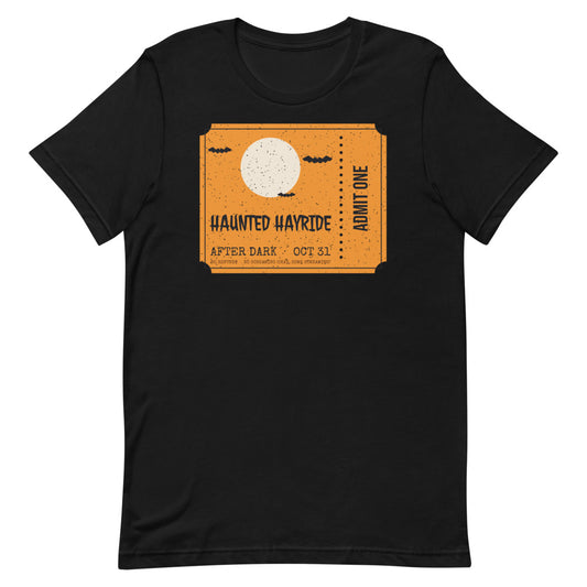Haunted Hayride Unisex Tee in black, design printed on the front, front view