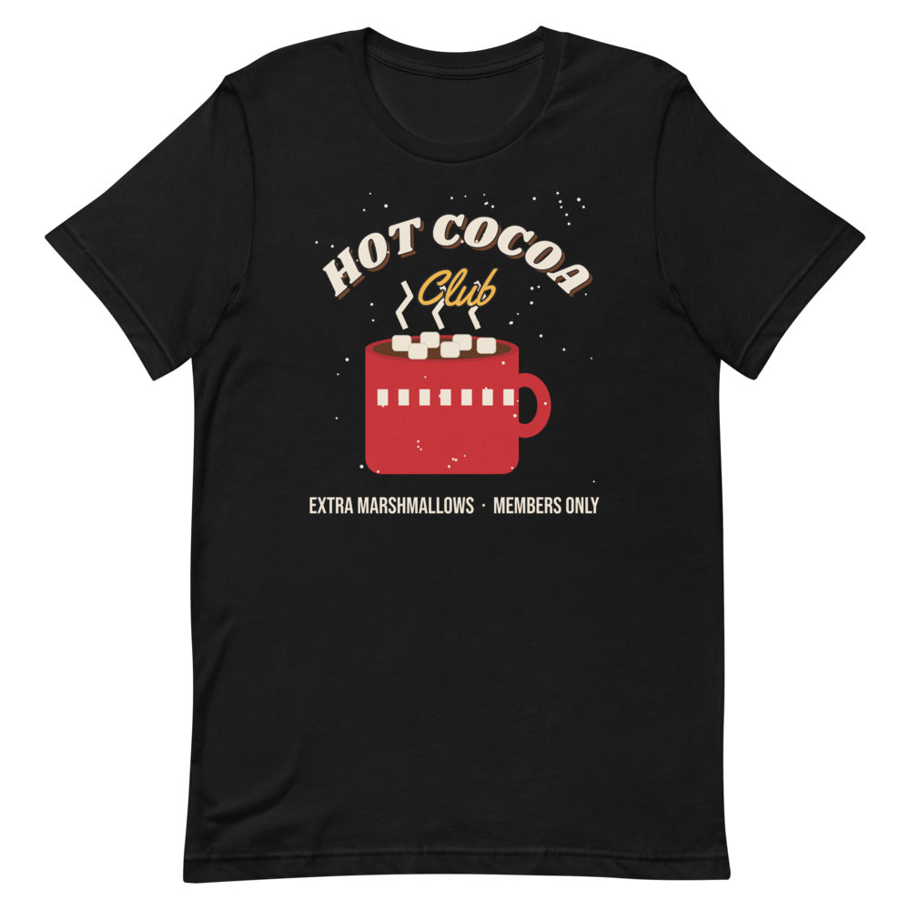 Hot Cocoa Club Unisex Tee in black, design printed on the front, front view