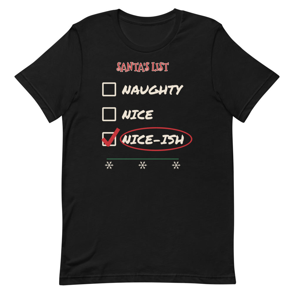 Nice-ish Unisex Tee in black, design printed on the front, front view