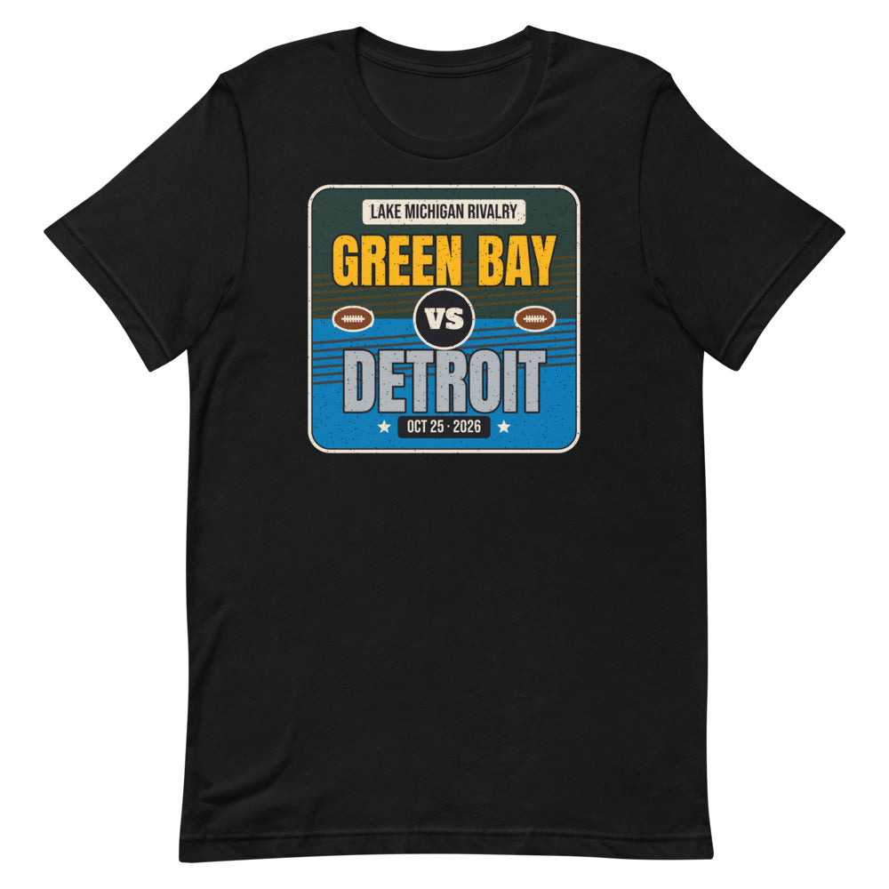 Green Bay vs. Detroit Rivalry 2026 Unisex Tee in black, design printed on the front, front view
