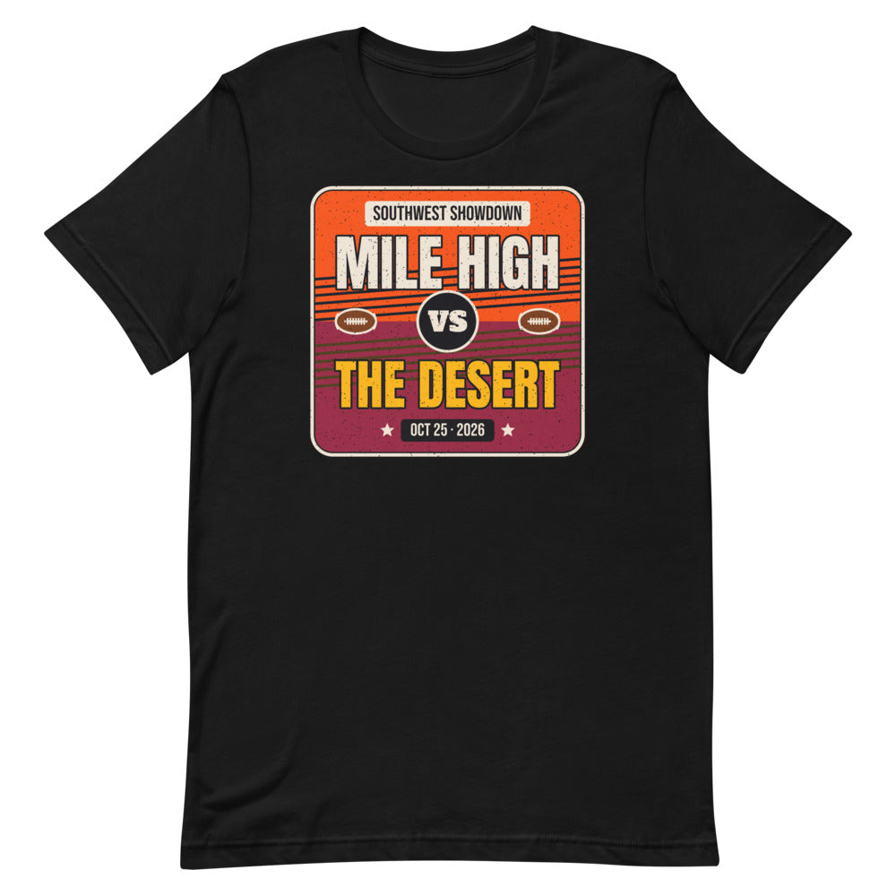 Mile High vs. The Desert Showdown 2026 Unisex Tee in black, design printed on the front, front view